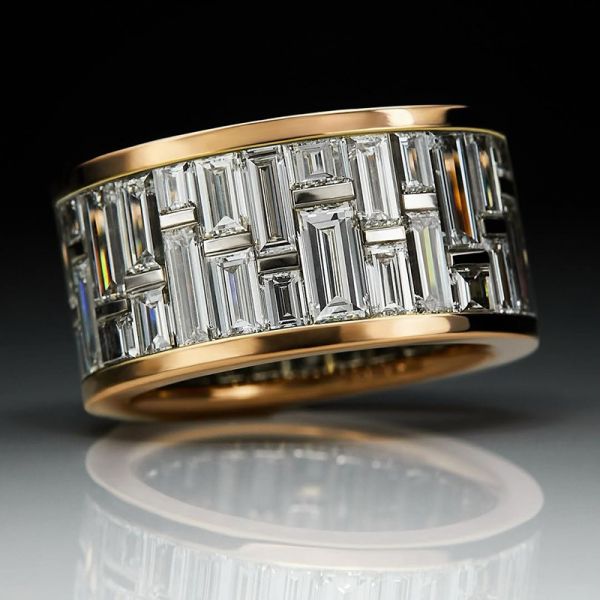 12ctw Baguette Cut White Moissanite Yellow Gold Handmade Men's Band