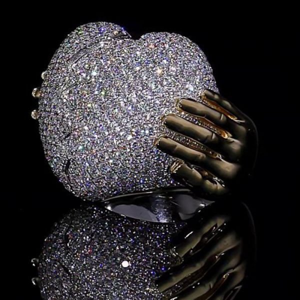 10ct round cut white moissanite pavé two-tone handmade men's heart ring