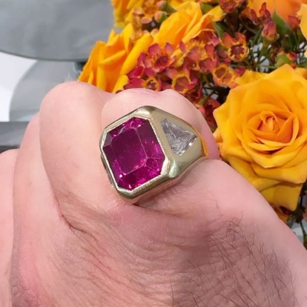 9ct Accher Cut Ruby With Trillion Cut Side Stones Yellow Gold Handmade Men's Ring