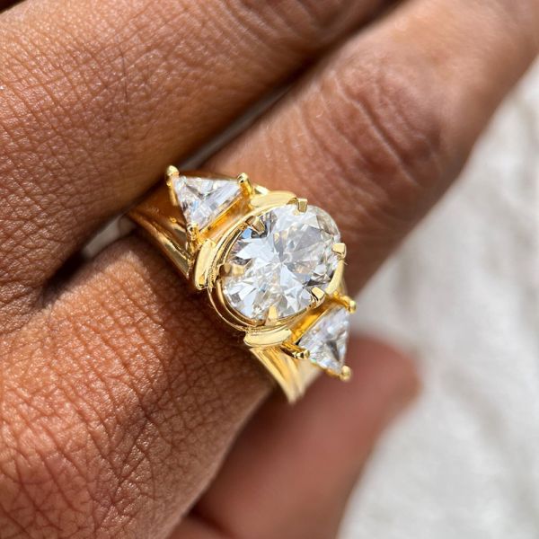 3ct Oval Cut White Sapphire With Trillion Cut Side Stones Vintage Yellow Gold Men's Ring