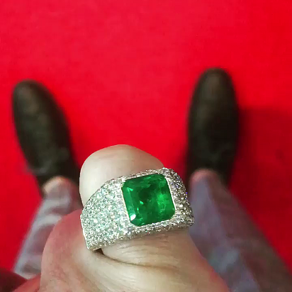 5ct Asscher Cut Emerald Pave Set Handmade Men's Pinky Ring