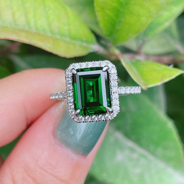 3.5ct Emerald Cut Halo Engagement Ring In Sterling Silver