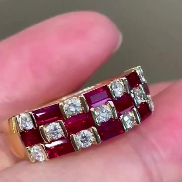 6.75ct Emerald Cut Two-stone Ruby Sapphire Eternity Ring