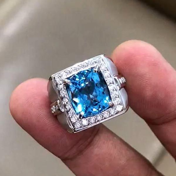 5ct Cushion Cut Aquamarine Sapphire Men's Engagement Ring