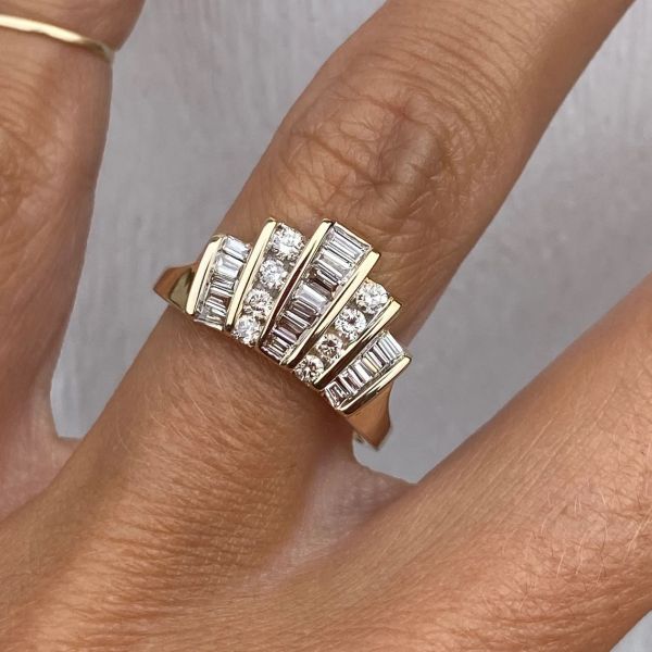 Curved .65ct Round and Baguette Zircon Wedding Anniversary Wide Band Ring