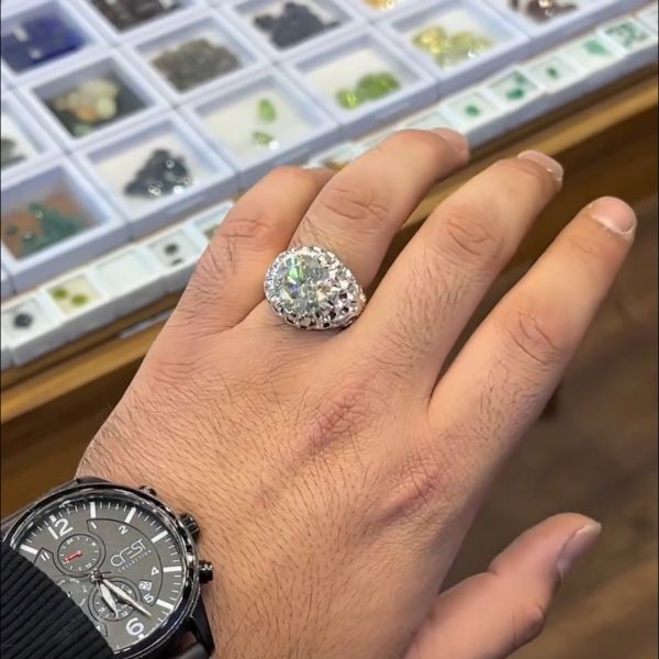 8ct round cut Zircon hand-carved sterling silver men's ring