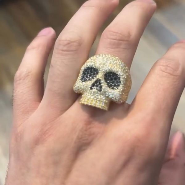 20ct round cut Zircon luxury skull design style sterling silver plated yellow gold handmade men's ring