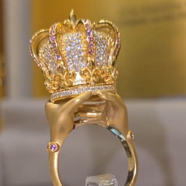 30ct round cut Zircon luxury crown shape sterling silver plated gold handmade men's ring