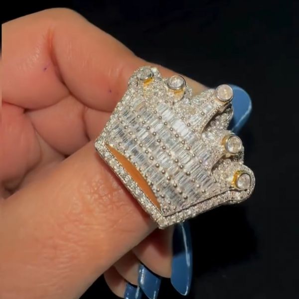 Emerald-cut Zircon inlaid luxury crown shape handmade sterling silver plated yellow gold ring