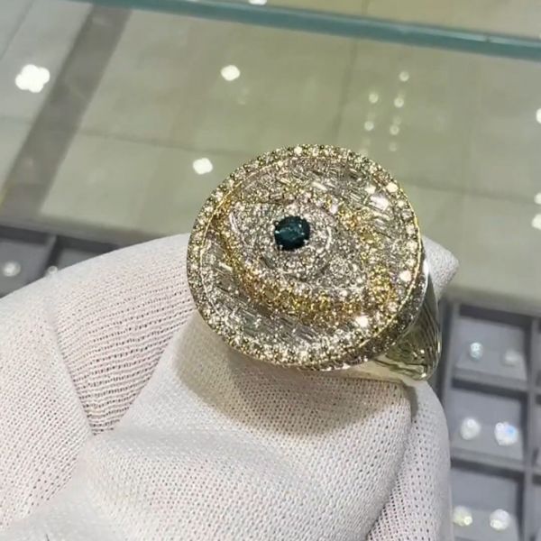 36ctw Round Cut Zircon and Emerald Sterling Silver Plated Yellow Gold Handmade Ring