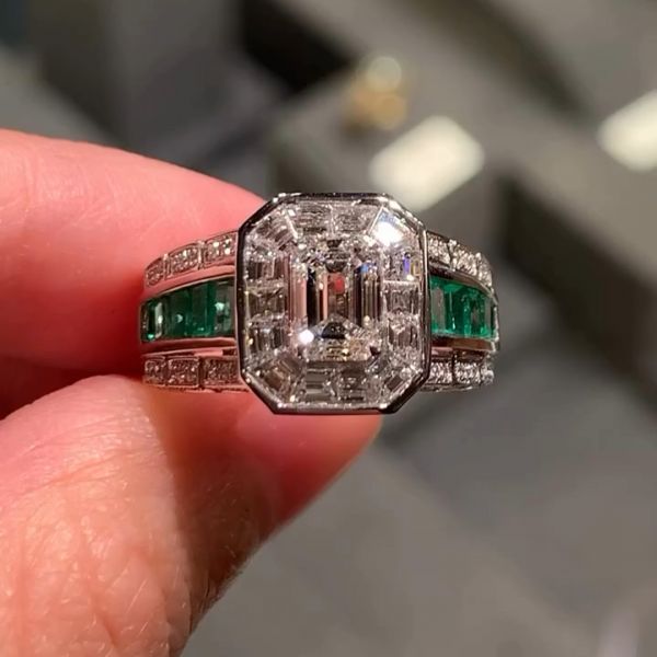6ct Emerald Cut Zircon and Emerald Sterling Silver Handmade Ring