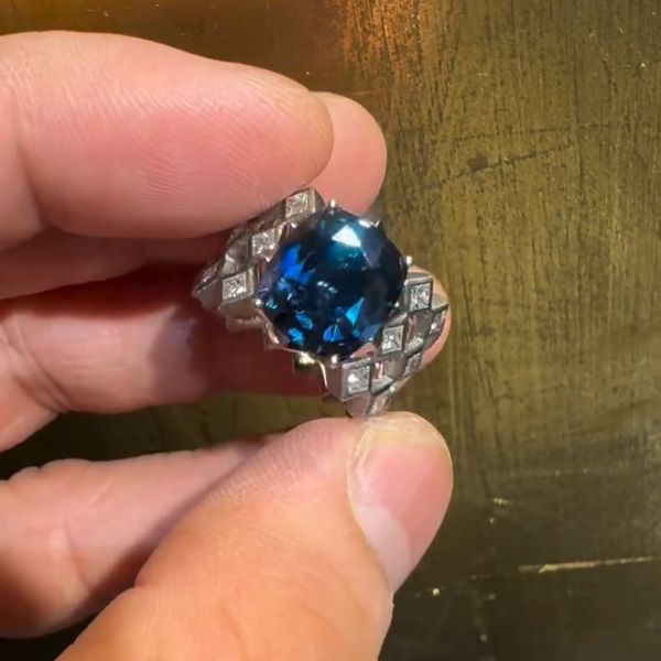 6ct Oval Cut Sapphire and Zircon Sterling Silver Handmade Ring