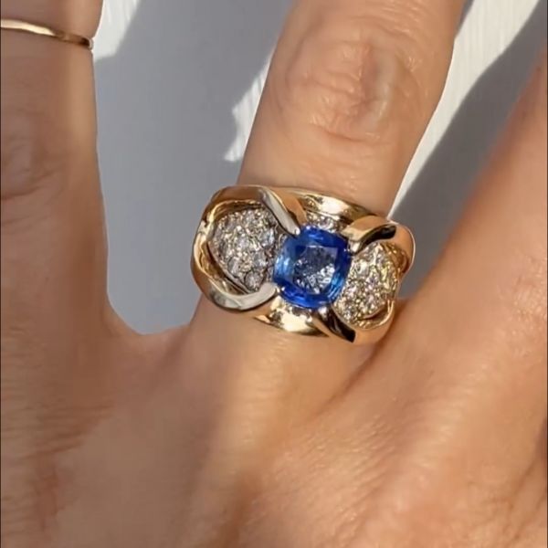 3ct cushion cut sapphire and Zircon handmade sterling silver plated yellow gold ring