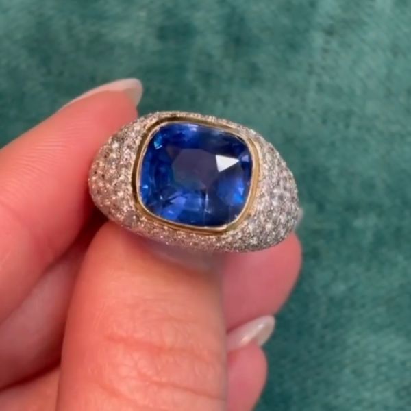 5ct cushion-cut sapphire sterling silver plated with yellow gold handmade ring